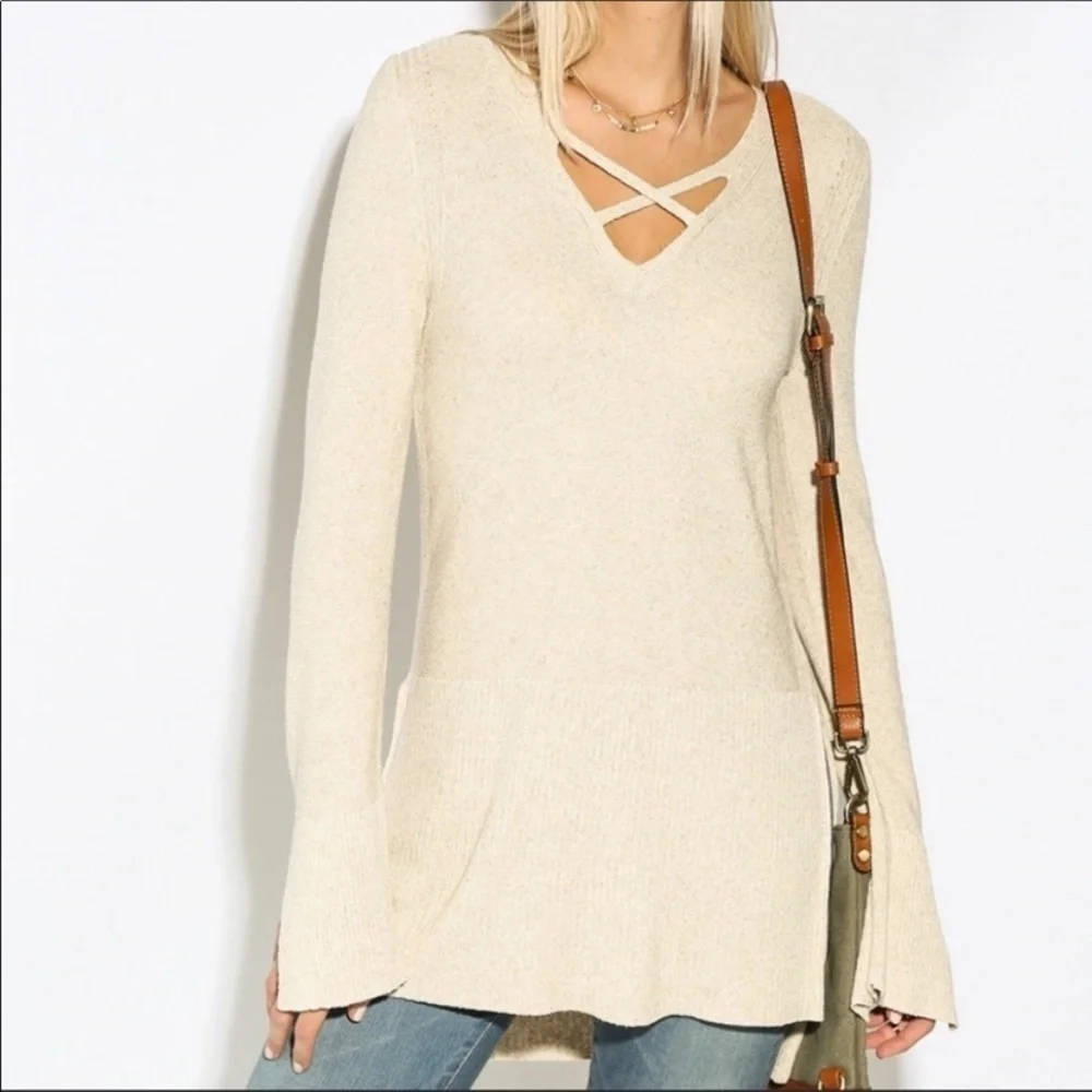 NWT Free People Criss Cross Side Slit Sweater in Cream